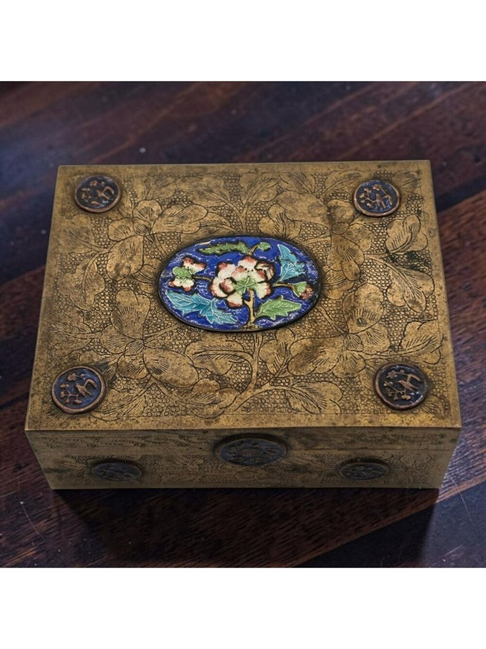 Antique Brass Jewelry Box Cloisonné Floral Bird Design Vintage Trinket Storage